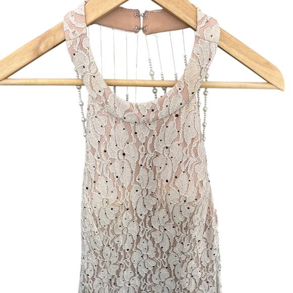 Jump Apparel Vintage Lace Halter Beaded Lattice Back Mermaid Prom Dress 3/4 - Picture 2 of 9